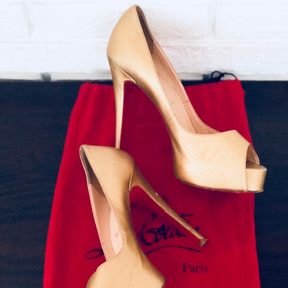 Christian Louboutin Gold Platform Peep Toe Heels